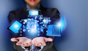 women holding digital graphics in bright blue that are hovering over the hands.