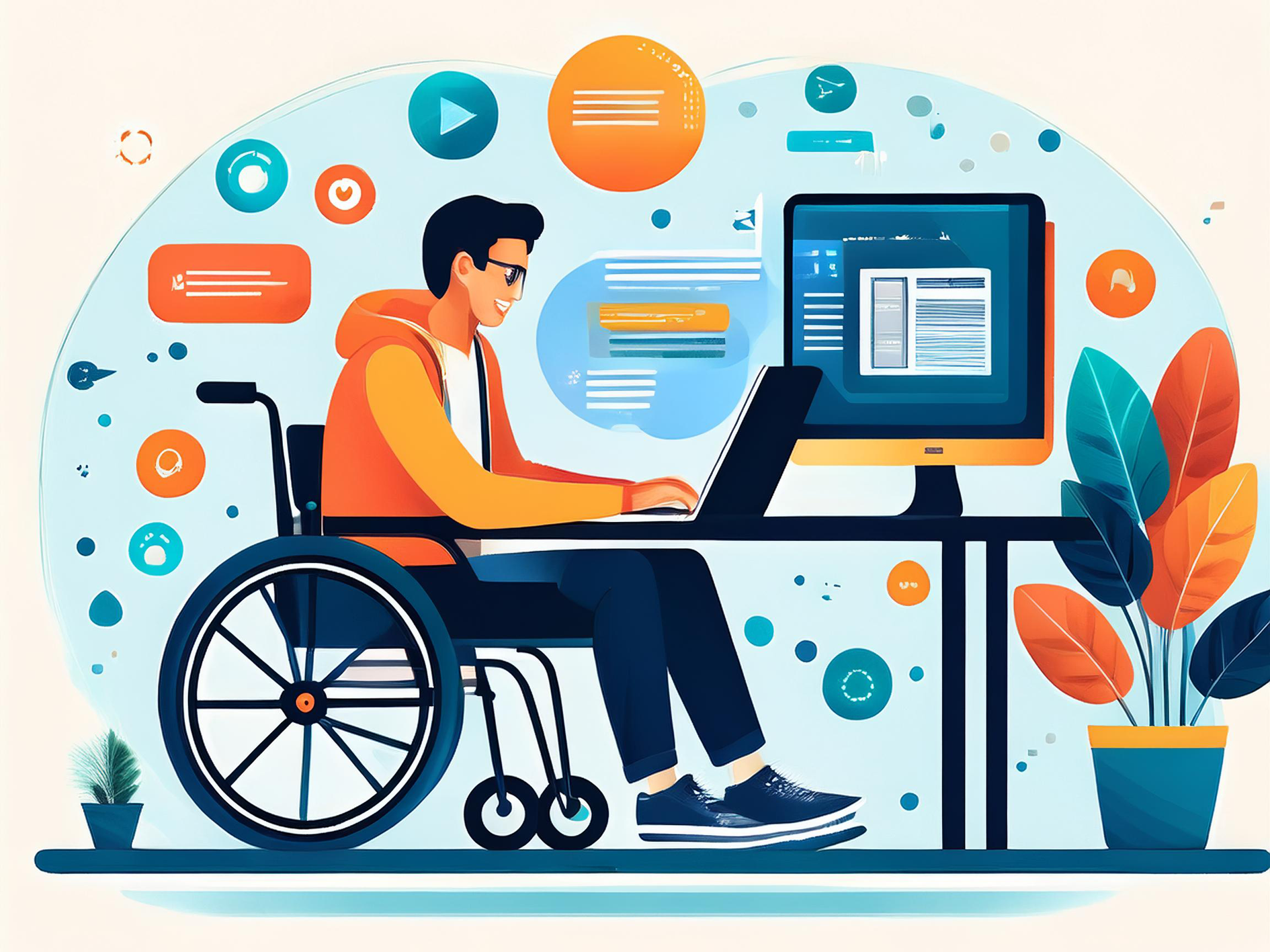 cartoon image of a person in a wheelchair sitting at a desk